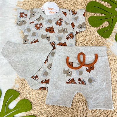 Conj. Body Manga Curta Safari, Shorts e Babador Bandana - Ferrugem e Mescla